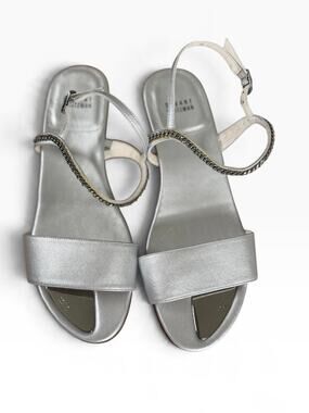 Stuart Weitzman Silver Metallic Chain Accent Low Heel Sandals Size 8.5